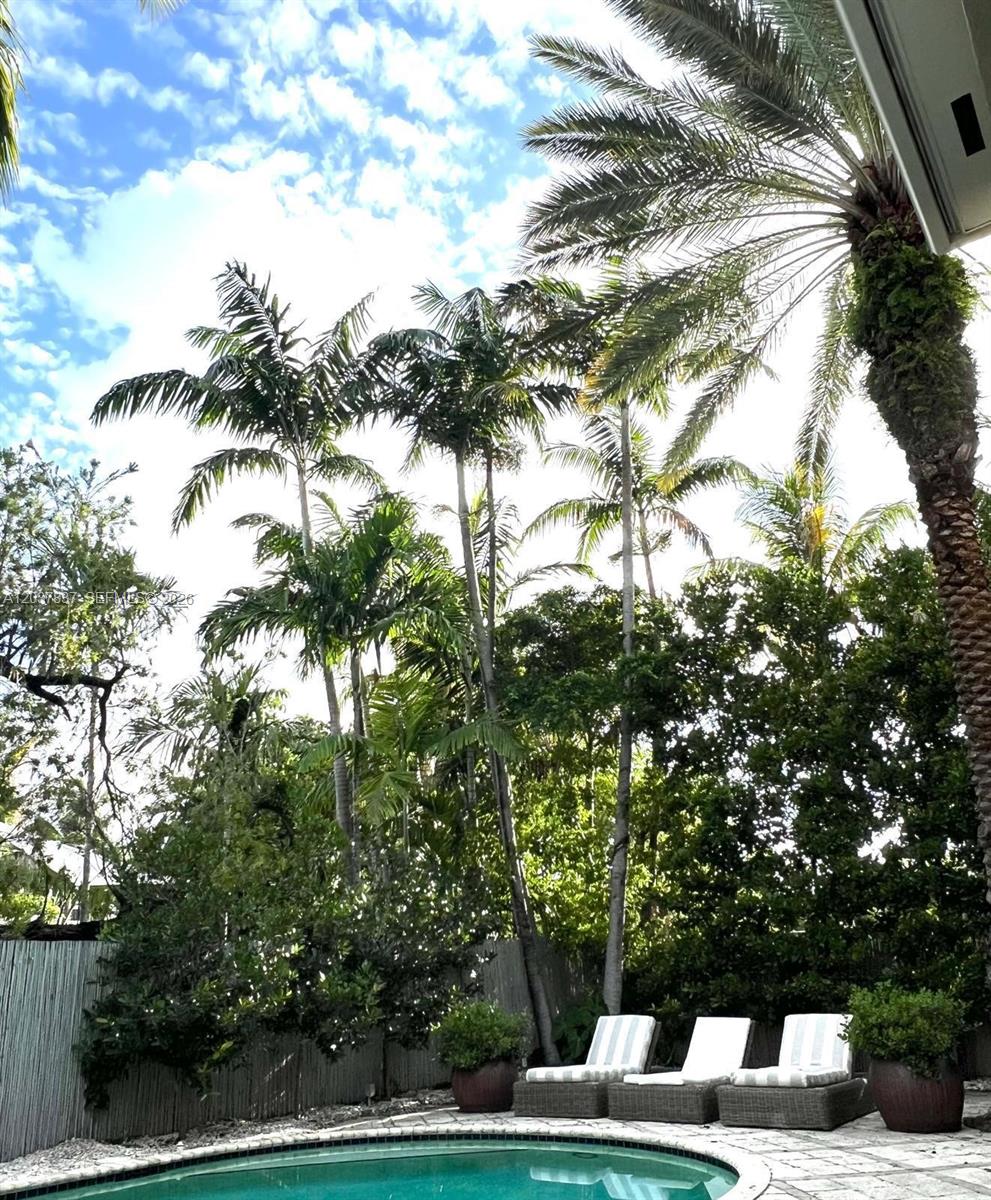 A swimming pool with lounge chairs sits in a backyard surrounded by tall palm trees — 797 Glenridge Rd, Key Biscayne FL 33149, KEY BISCAYNE, FL