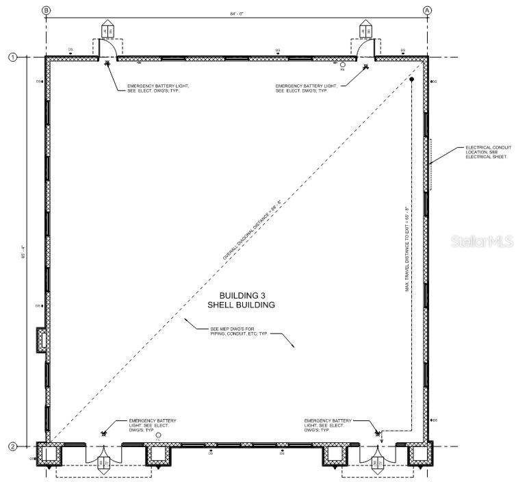 This is a floor plan for a shell building showing dimensions, exits, and emergency lighting locations — 5080 OLD TAMPA HWY UNIT 03, KISSIMMEE, FL