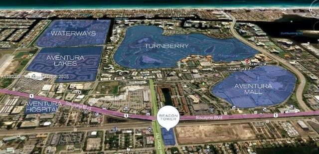 An aerial map showing the location of Beacon Tower in relation to surrounding Aventura landmarks — 20200 W Dixie Hwy # 603, Miami FL 33180, MIAMI, FL