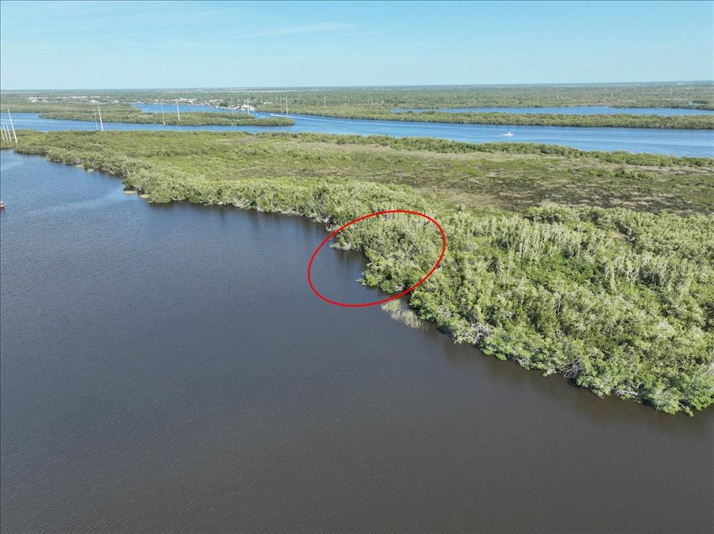 An aerial view shows a shoreline with dense green vegetation and a small inlet — 2285 DELAN DRIVE, PUNTA GORDA, FL