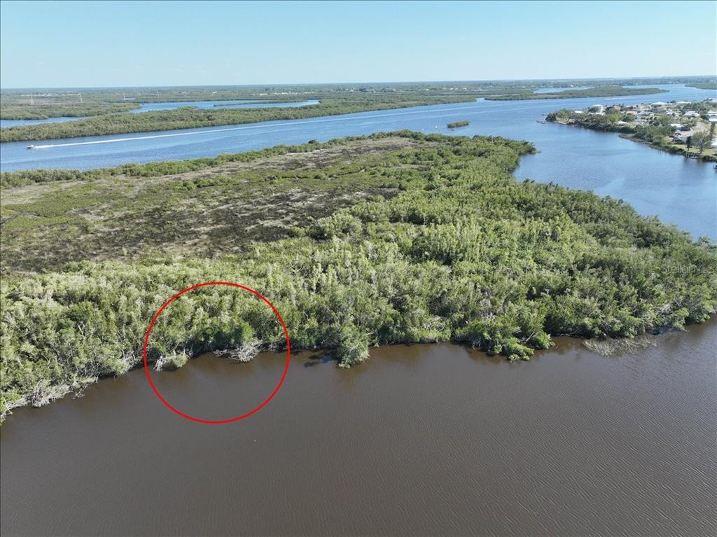An aerial view shows a red circle highlighting a section of dense mangroves along water — 2285 DELAN DRIVE, PUNTA GORDA, FL