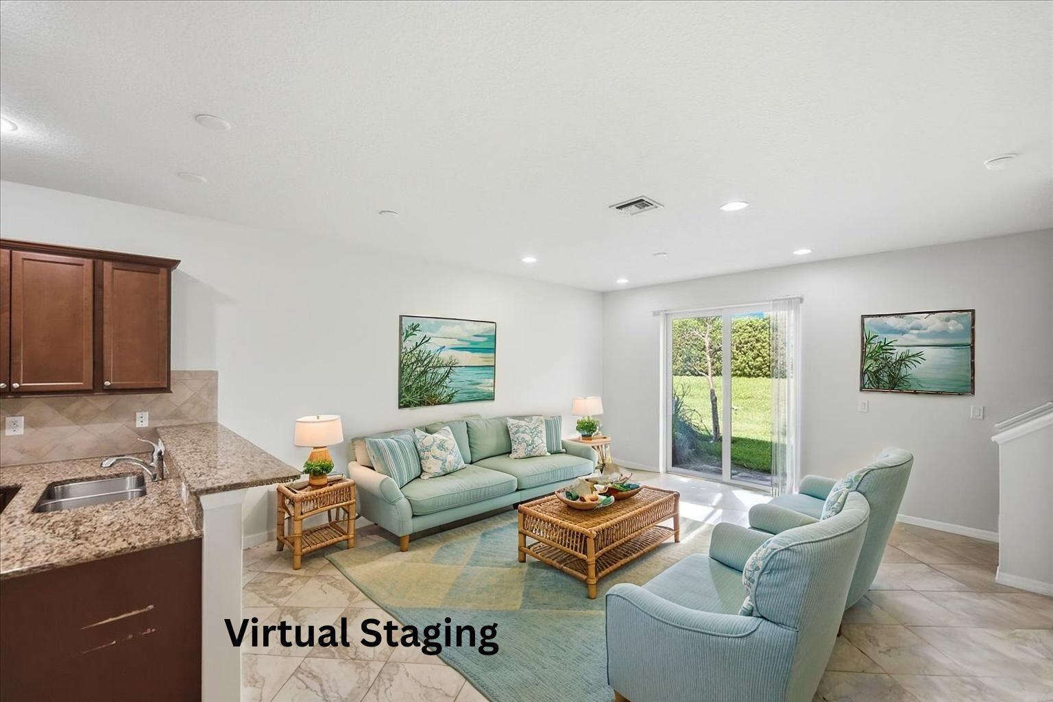 A living room with a kitchen counter, tile floors, and a sliding glass door — 1069 Normandie Way, Vero Beach FL 32960, VERO BEACH, FL