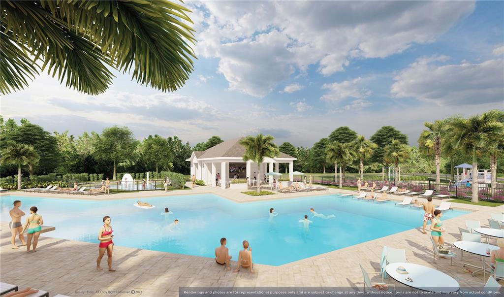 This architectural rendering shows a swimming pool area with a clubhouse, lounge chairs, and landscaping — 5812 FREESIA DRIVE, LAKELAND, FL