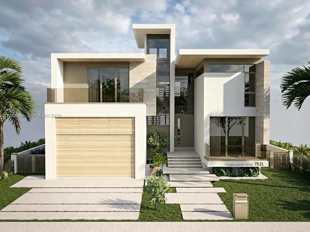 A digital rendering of a modern two-story house with a garage and glass balcony — NORTH BAY VILLAGE, FL