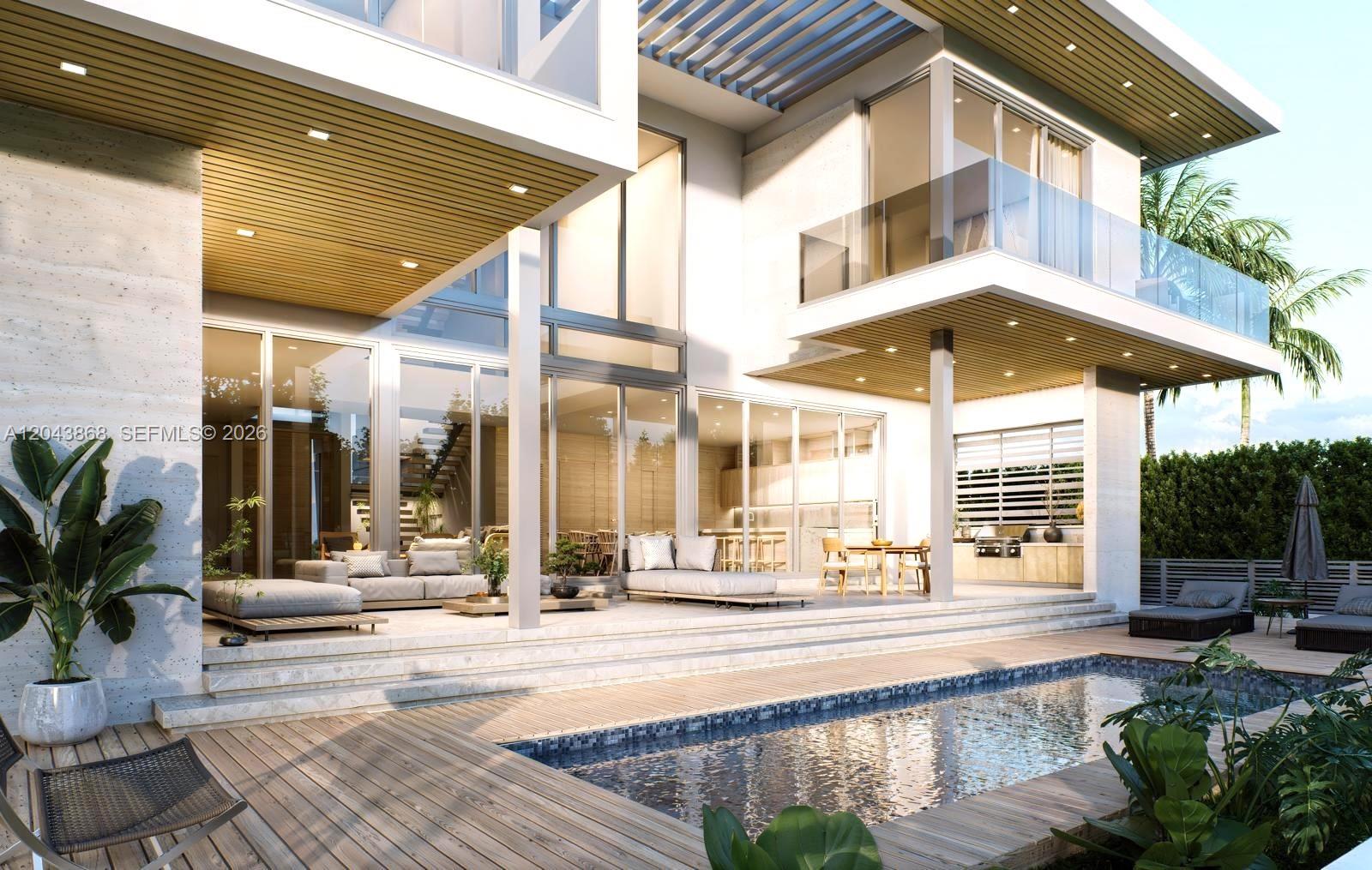 This architectural rendering shows a modern two-story home with a pool, patio, and glass walls — NORTH BAY VILLAGE, FL