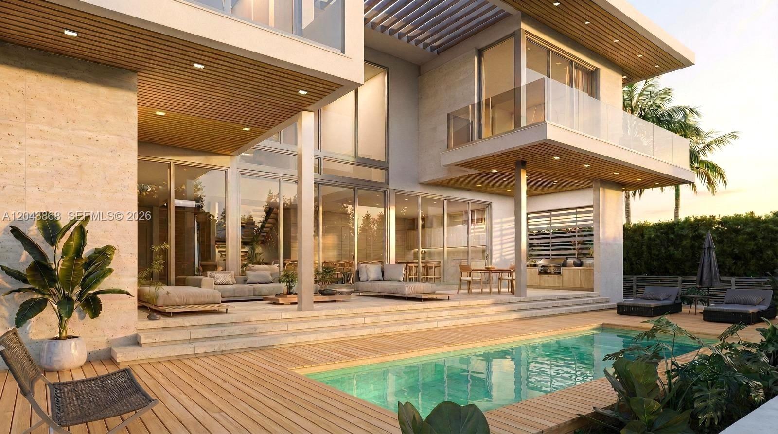 This is a rendering of a modern two-story house exterior with a pool and deck — NORTH BAY VILLAGE, FL