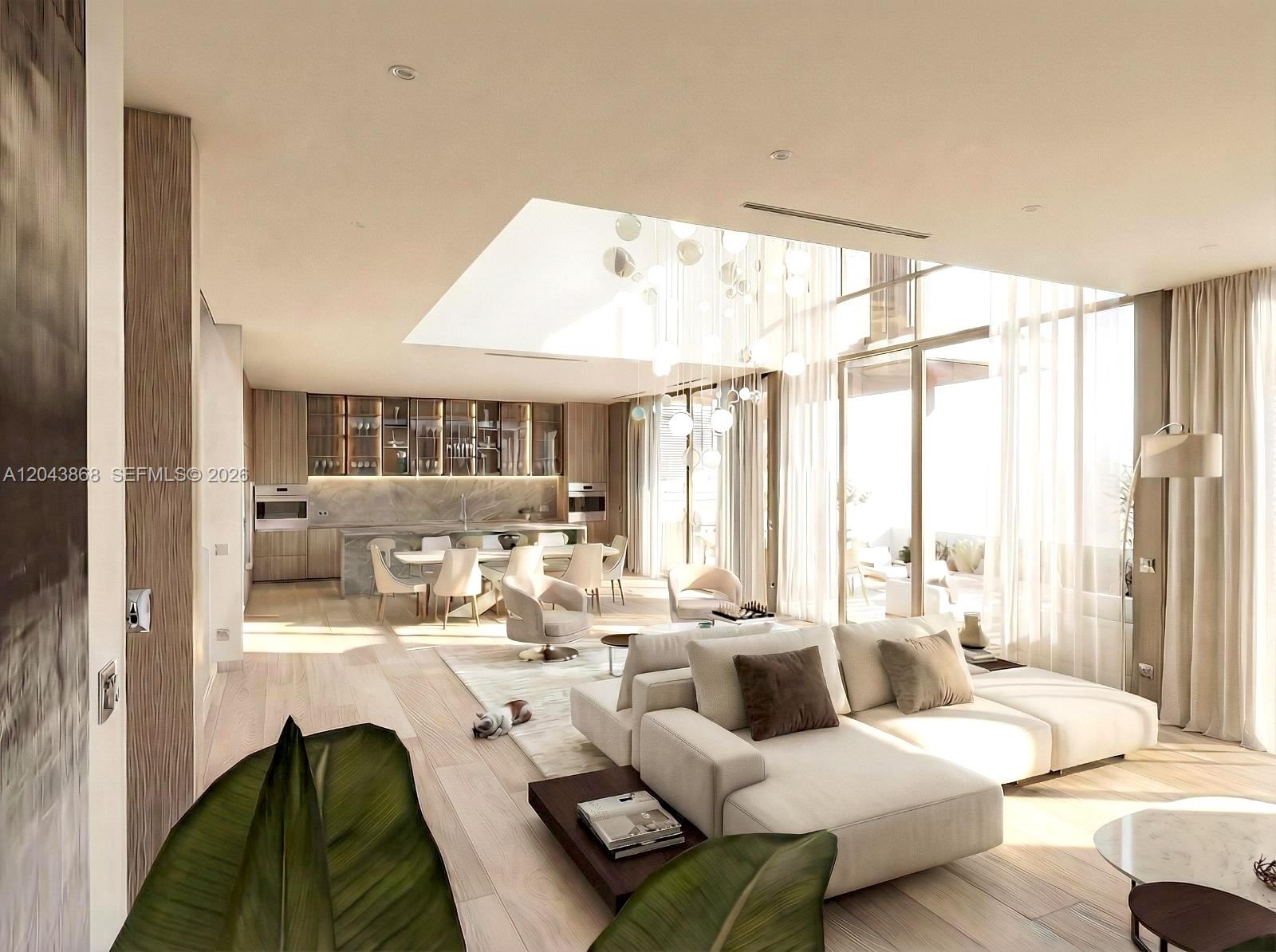 This rendering shows a modern open-concept living area with a kitchen, dining space, and skylight — NORTH BAY VILLAGE, FL