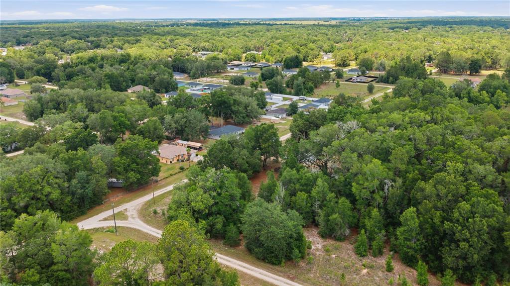 An aerial view shows a rural residential area with scattered houses surrounded by dense trees — SW 131ST TERRACE, DUNNELLON, FL