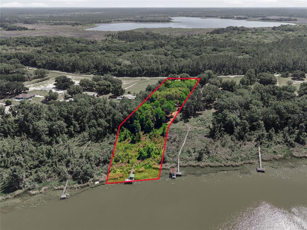 An aerial view shows a rectangular plot of land with trees and a private dock — 3980 SE 183RD AVENUE ROAD, OCKLAWAHA, FL