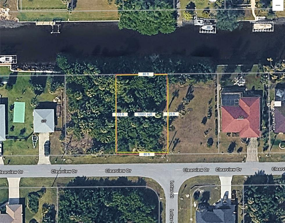 An aerial map view shows a rectangular vacant lot with dimensions labeled on a street — 661 CLEARVIEW DRIVE, PORT CHARLOTTE, FL