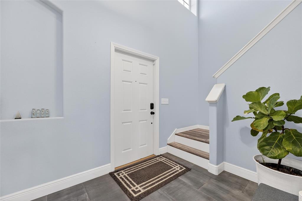 An entryway features light blue walls, a white front door, stairs, and a potted plant — 1504 TRAILWATER STREET, RUSKIN, FL