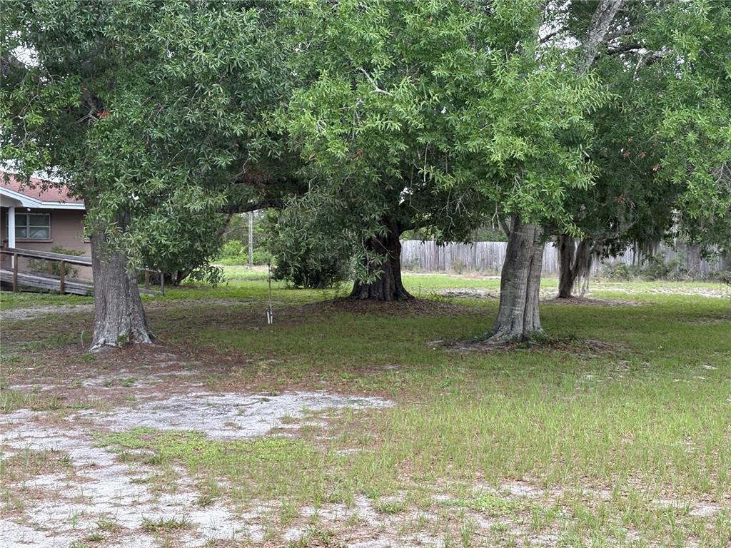 A grassy yard with several large trees and a house with a wooden ramp — 231 BOY SCOUT ROAD, LAKE WALES, FL