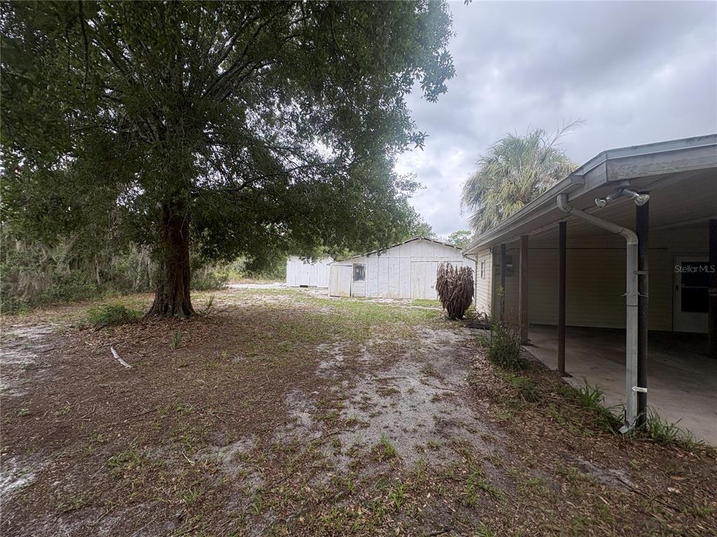 A large tree stands beside a house with a covered porch and detached white sheds — 231 BOY SCOUT ROAD, LAKE WALES, FL