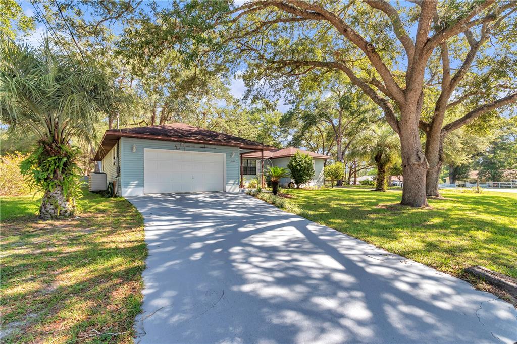 A light blue house with a garage and driveway sits under large oak trees — 16365 SE 17TH STREET, OCKLAWAHA, FL