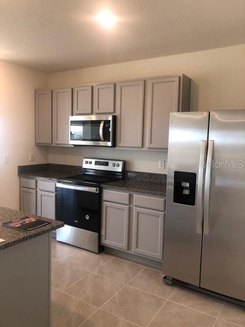 A kitchen features gray cabinets, stainless steel appliances, and dark granite countertops — 2952 LONG POND DRIVE, LAKELAND, FL