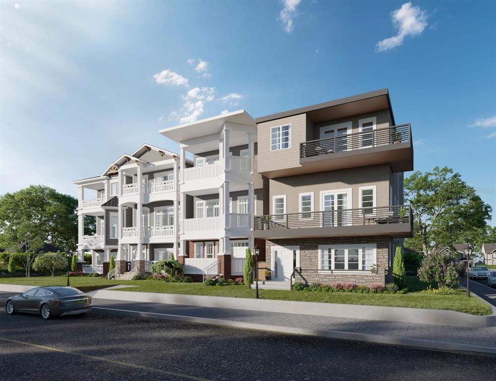 A digital rendering of a multi-story residential building with balconies and a stone facade — 24 LAKE HOLLINGWORTH DRIVE, LAKELAND, FL
