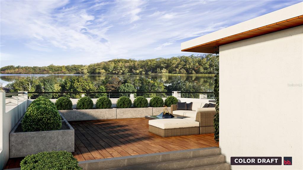 This architectural rendering shows a modern rooftop terrace with wooden decking, planters, and lake views — 24 LAKE HOLLINGWORTH DRIVE, LAKELAND, FL