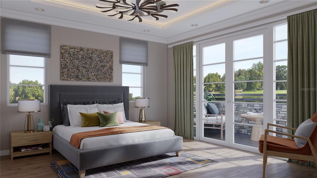 This is a rendering of a bedroom featuring a gray bed, balcony access, and modern decor — 24 LAKE HOLLINGWORTH DRIVE, LAKELAND, FL