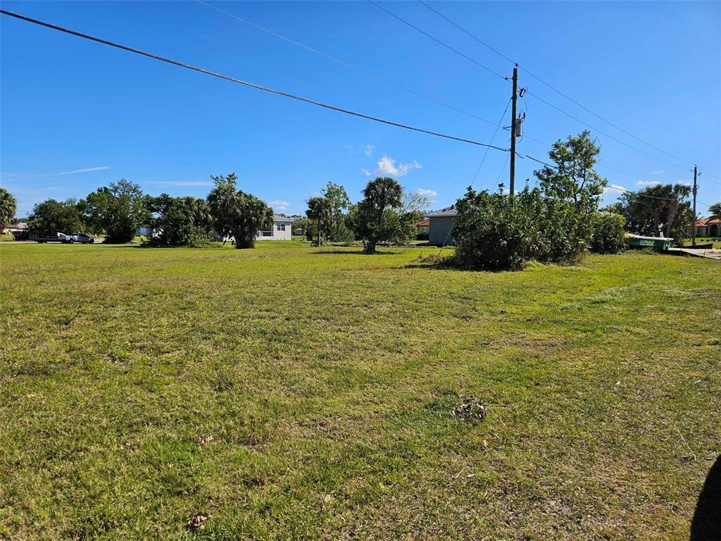 A large, grassy vacant lot features scattered trees and utility poles under a clear blue sky — 24252 PEPPERCORN ROAD, PUNTA GORDA, FL
