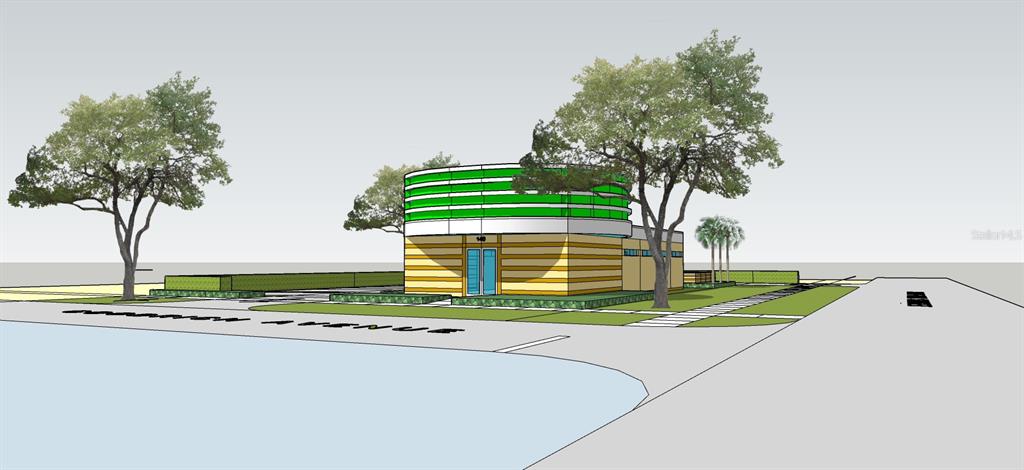 This is a digital rendering of a modern commercial building with a circular green facade — 140 E OAK STREET, APOPKA, FL