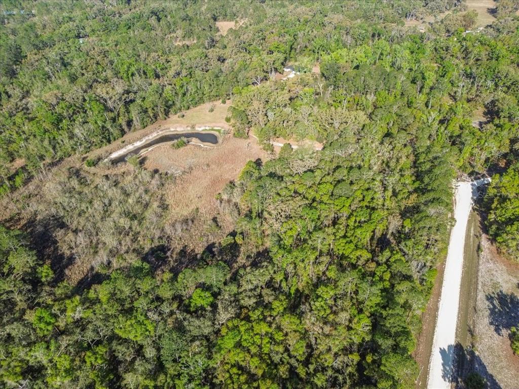 An aerial view shows a wooded lot with a pond and a long gravel driveway — 957 NE 354TH AVENUE, OLD TOWN, FL