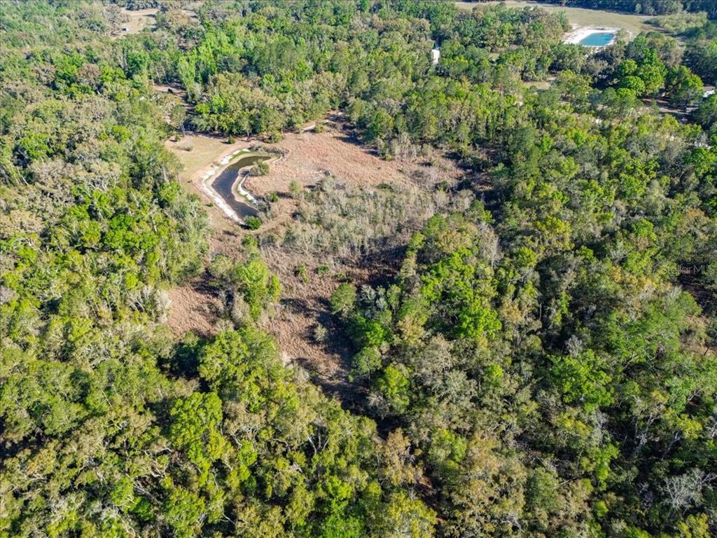 An aerial view shows a wooded lot featuring a small pond and open grassy areas — 957 NE 354TH AVENUE, OLD TOWN, FL
