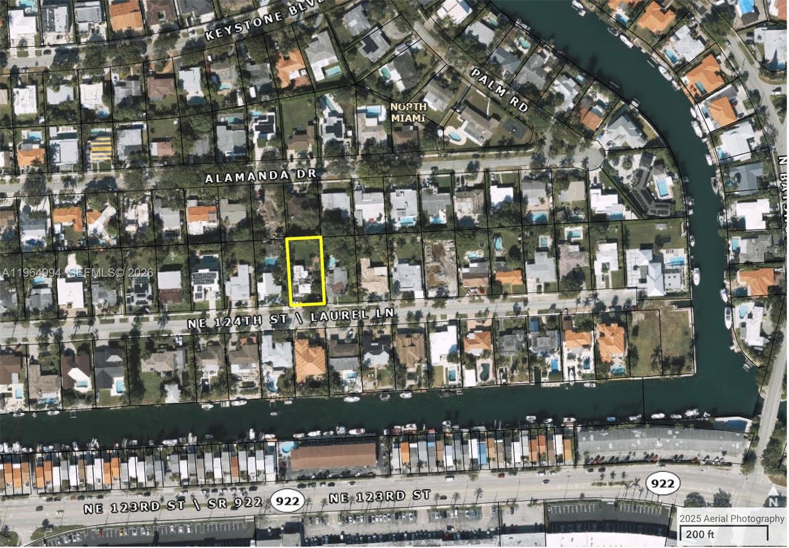 This is an aerial map showing a residential property highlighted in yellow in North Miami — 2141 NE 124th St, North Miami FL 33181, NORTH MIAMI, FL