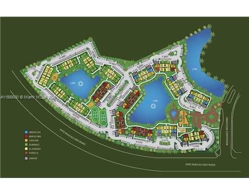 This is a site plan rendering of a residential community featuring multiple buildings and lakes — 2173 Renaissance Blvd # 103, Miramar FL 33025, MIRAMAR, FL