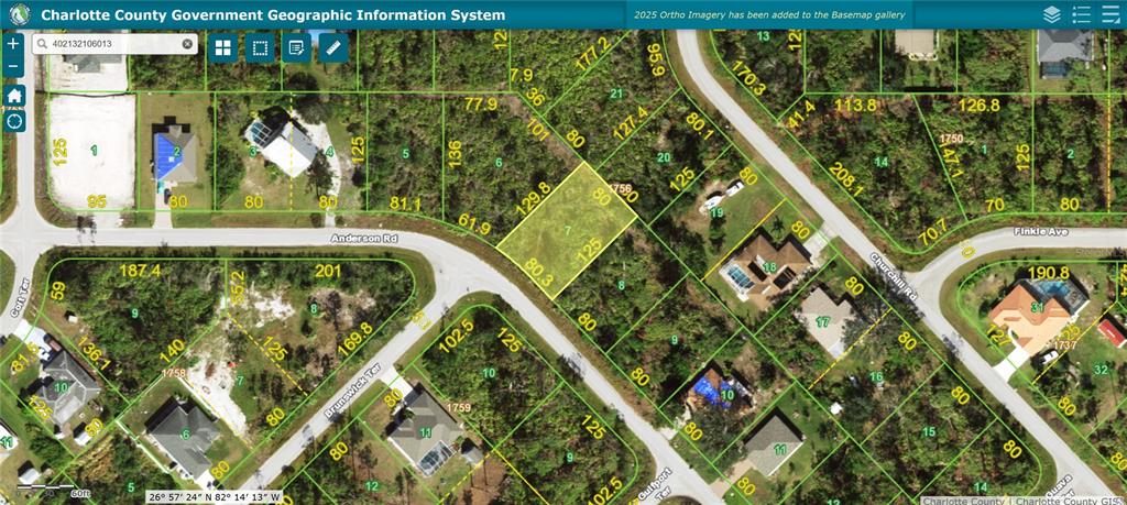 This is a satellite map showing a vacant residential lot highlighted in yellow — 5252 ANDERSON ROAD, PORT CHARLOTTE, FL