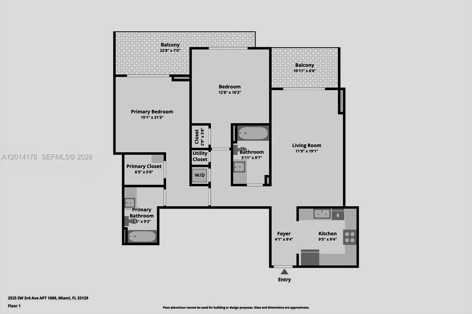 This is a floor plan for a two-bedroom, two-bathroom apartment with two balconies — MIAMI, FL