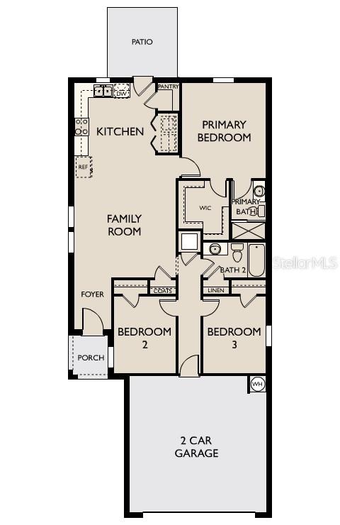 This floor plan shows a single-story home with three bedrooms, two bathrooms, and a garage — 5859 KALAMATA DRIVE, POLK CITY, FL