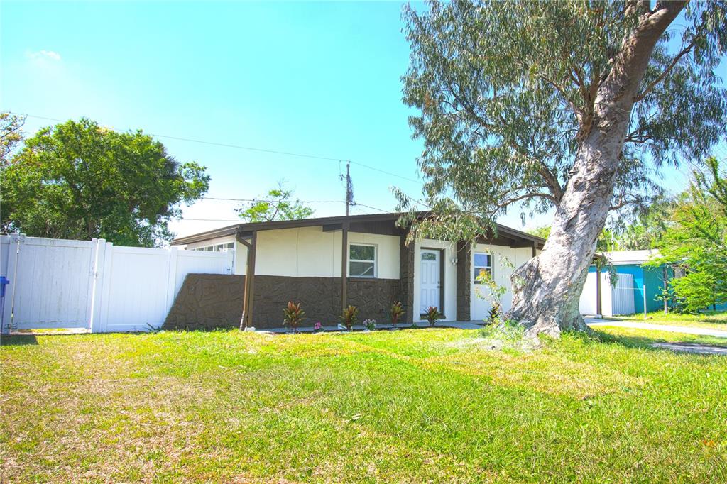 A single-story house with a white fence and a large tree in the front yard — 8307 LIBBY LANE, TAMPA, FL