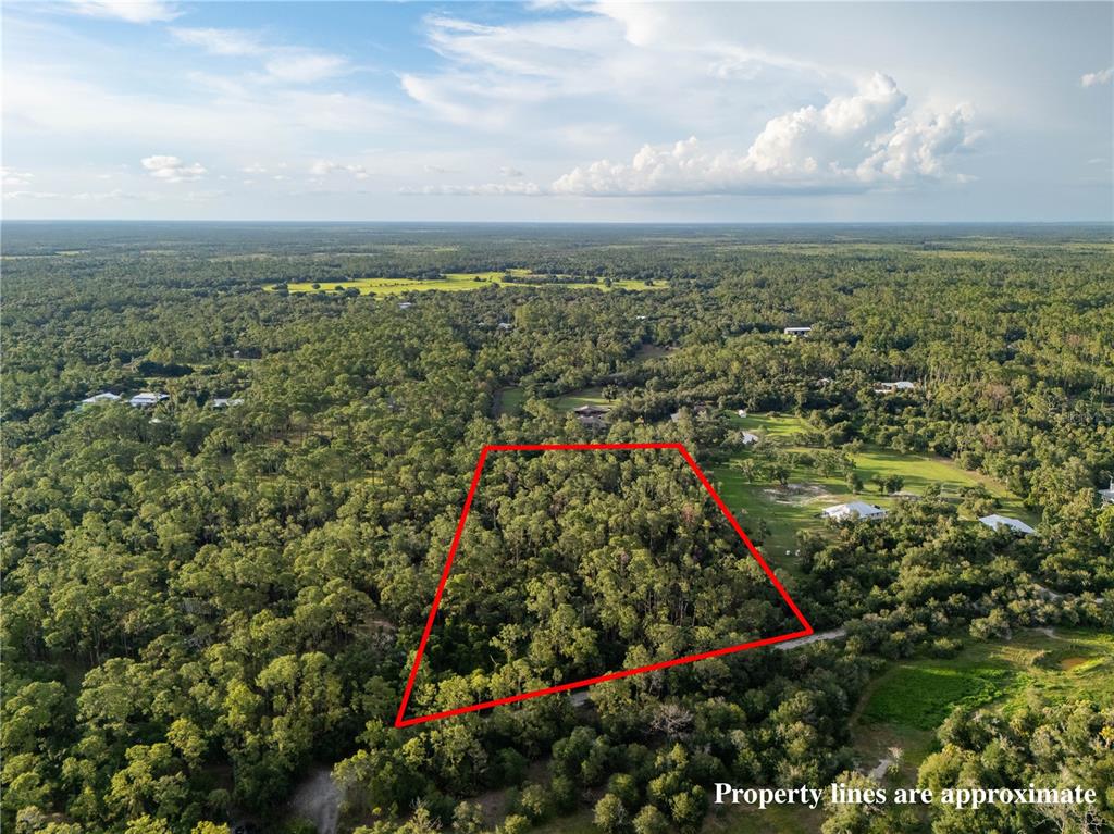 An aerial view shows a wooded, trapezoidal plot of land outlined in red — SLASH PINE DRIVE, NORTH PORT, FL