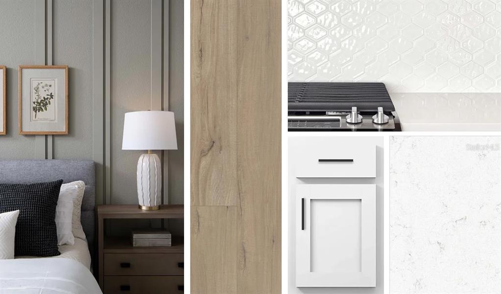 This collage shows interior design finishes including wood flooring, white cabinetry, quartz countertops, and bedroom decor — 5935 FRESH FLORA DRIVE, WIMAUMA, FL