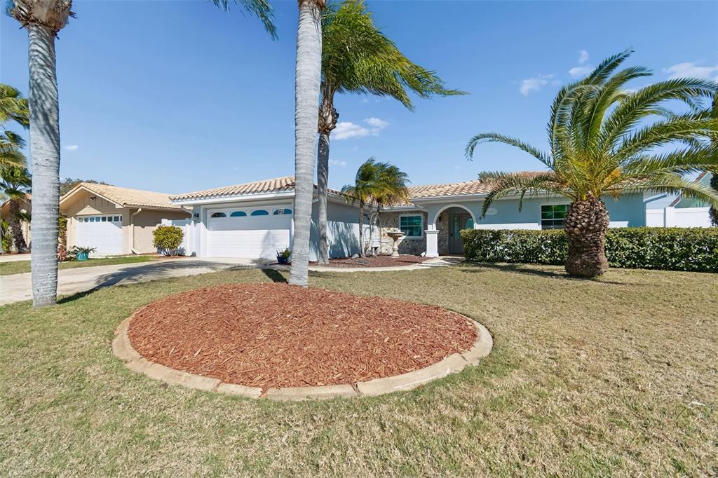 A single-story house with a white garage, palm trees, and a mulched garden bed — 9816 SAN SEBASTIAN WAY, PORT RICHEY, FL
