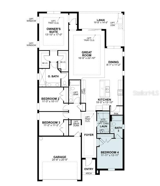 This is a floor plan for a four-bedroom house with a garage and a lanai — 9616 VIBRANT LANE, VENICE, FL