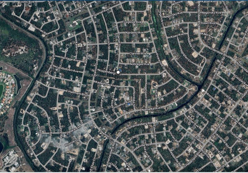This is an aerial map view of a residential neighborhood with many streets and houses — NOPPENBERG AVENUE, NORTH PORT, FL