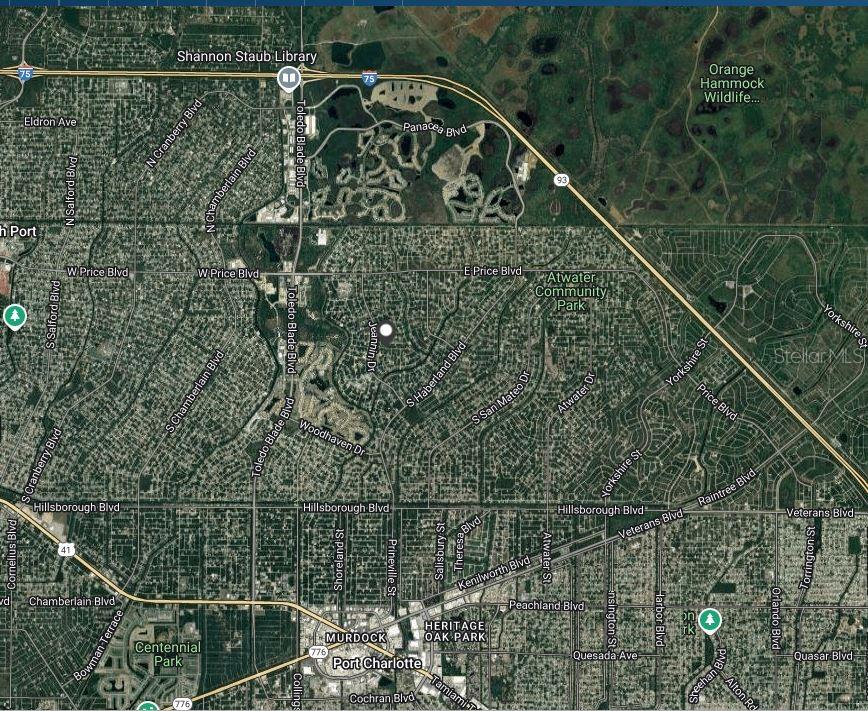 This is a satellite map view of a residential area in Port Charlotte, Florida — NOPPENBERG AVENUE, NORTH PORT, FL