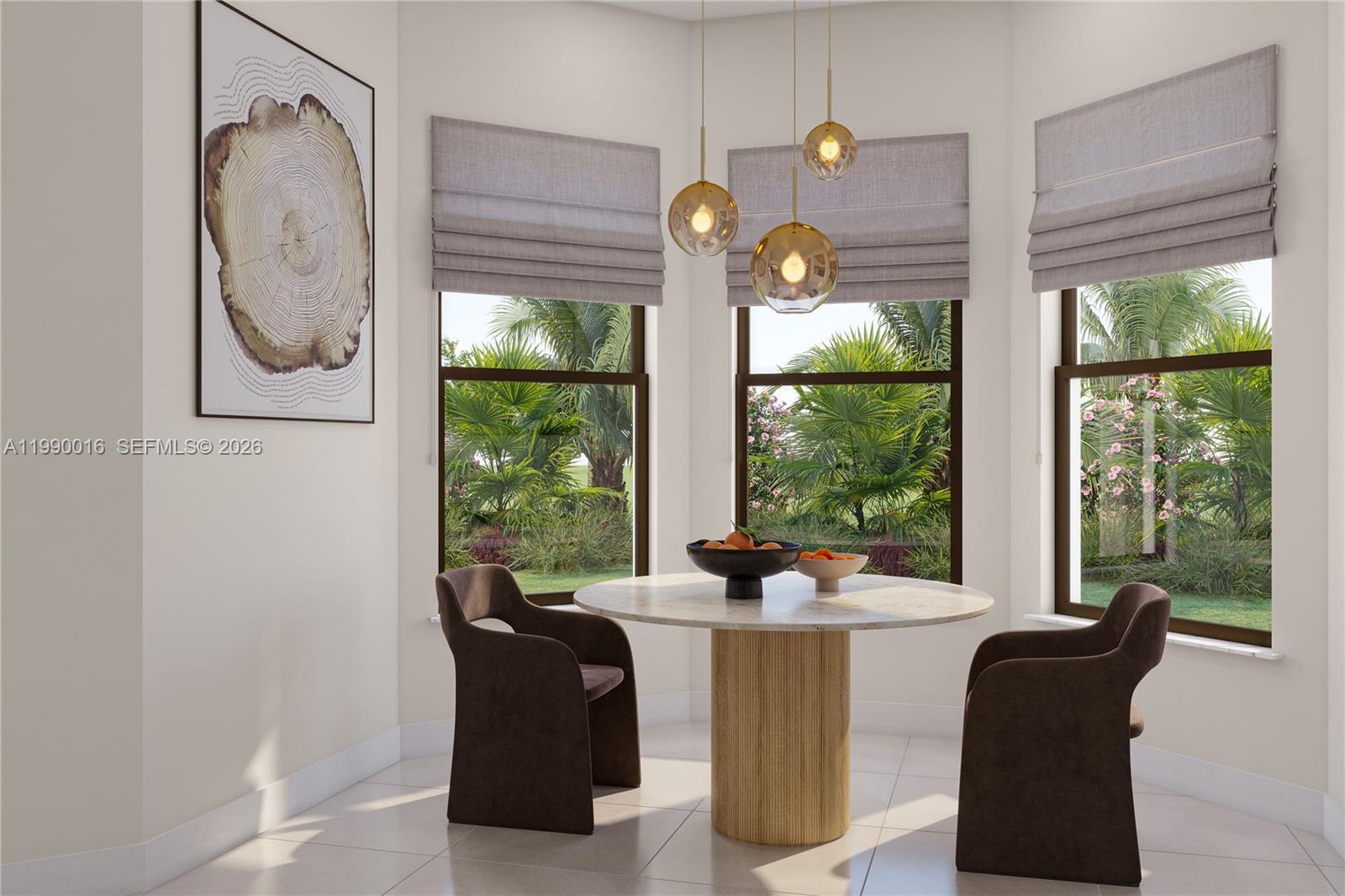 This rendering shows a dining nook with a round marble table, three pendant lights, and windows — 19668 NE 14 AVE, Miami FL 33179, MIAMI, FL