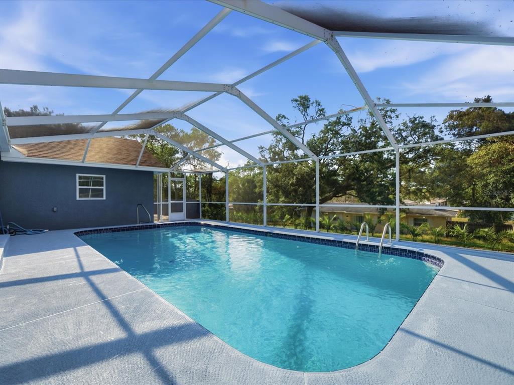 A rectangular swimming pool is enclosed by a white screen structure on a concrete patio — 6063 AIRMONT DRIVE, SPRING HILL, FL