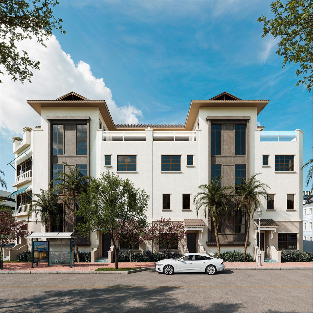 A digital rendering of a three-story residential building with a white facade and palm trees — 102 SE 5th Avenue # 2, Delray Beach FL 33483, DELRAY BEACH, FL