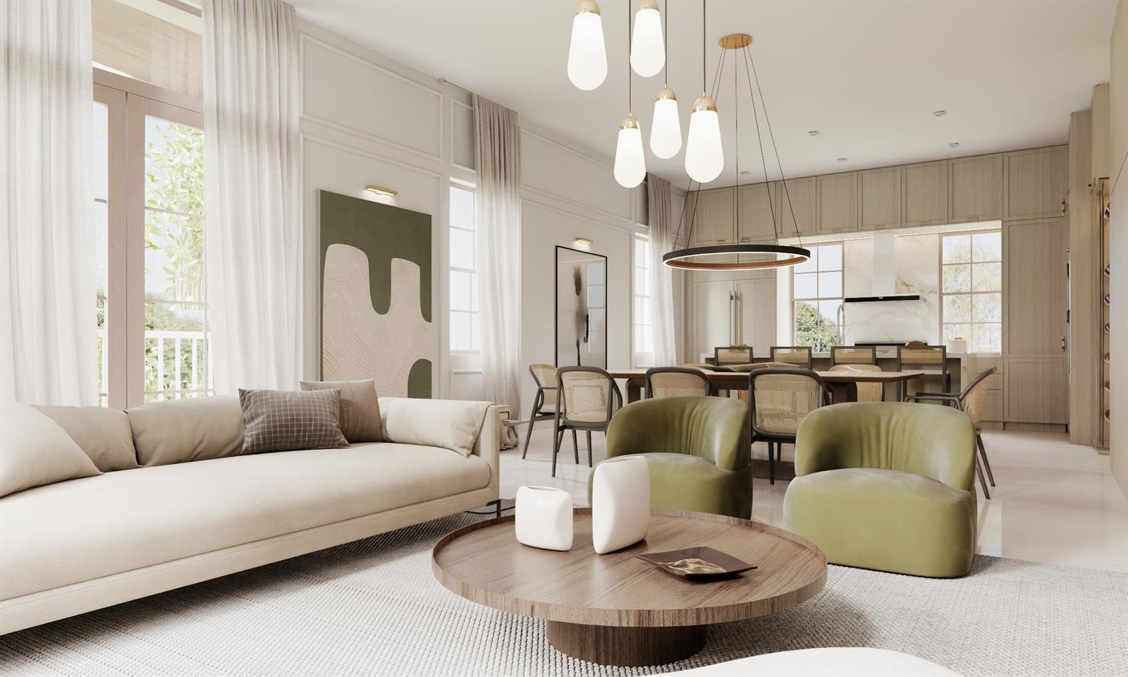 This rendering shows an open-concept living and dining area with neutral tones and green accents — 102 SE 5th Avenue # 2, Delray Beach FL 33483, DELRAY BEACH, FL