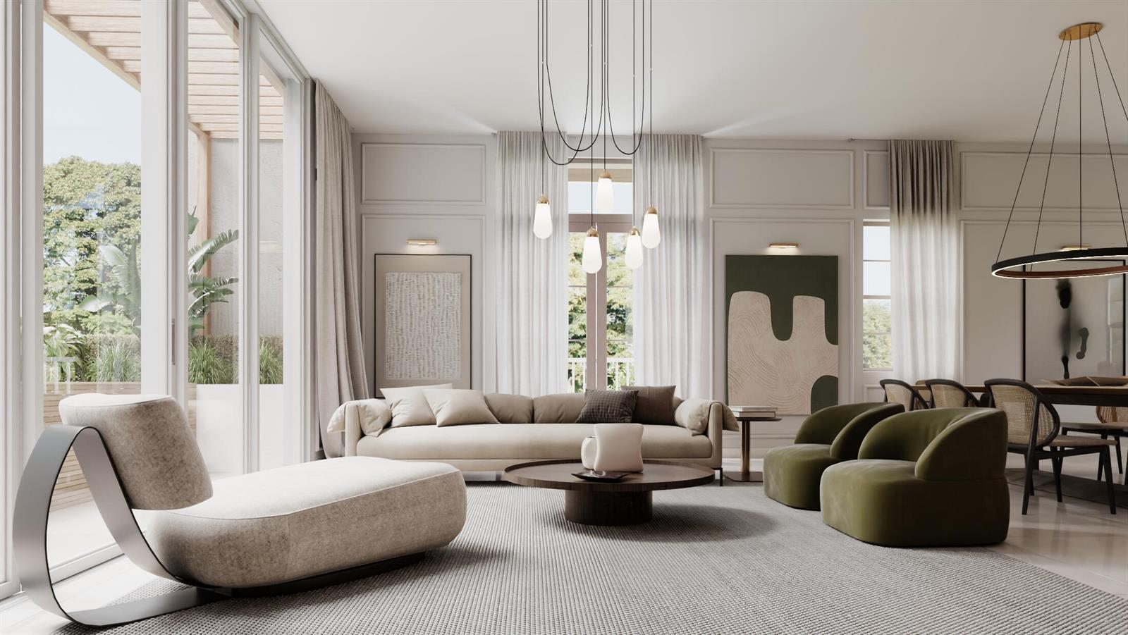 This is a rendering of a modern living room featuring neutral furniture, olive armchairs, and pendant lighting — 102 SE 5th Avenue # 2, Delray Beach FL 33483, DELRAY BEACH, FL