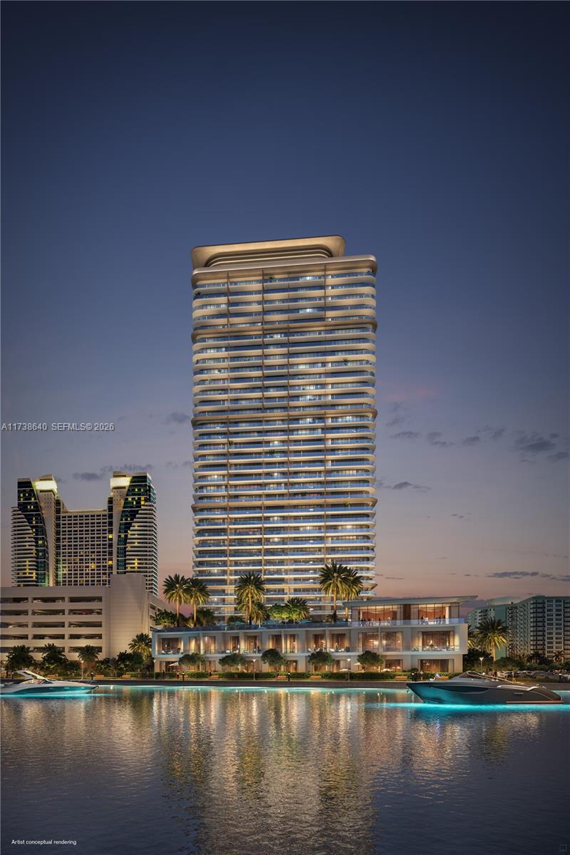 This is an artist rendering of a modern high-rise residential building beside a waterfront — 3724 S OCEAN DR # 405, Hollywood FL 33019, HOLLYWOOD, FL