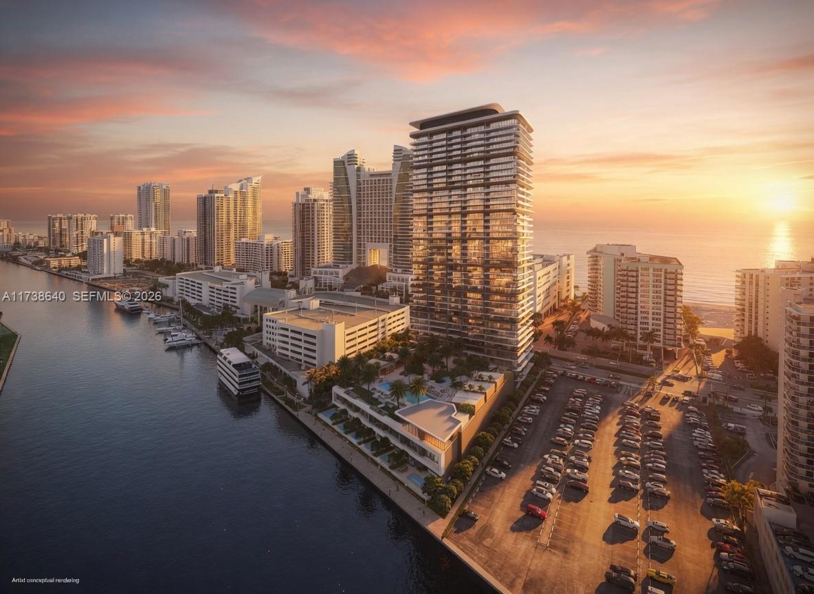 This is an artist conceptual rendering of a high-rise building overlooking a waterfront city skyline — 3724 S OCEAN DR # 405, Hollywood FL 33019, HOLLYWOOD, FL