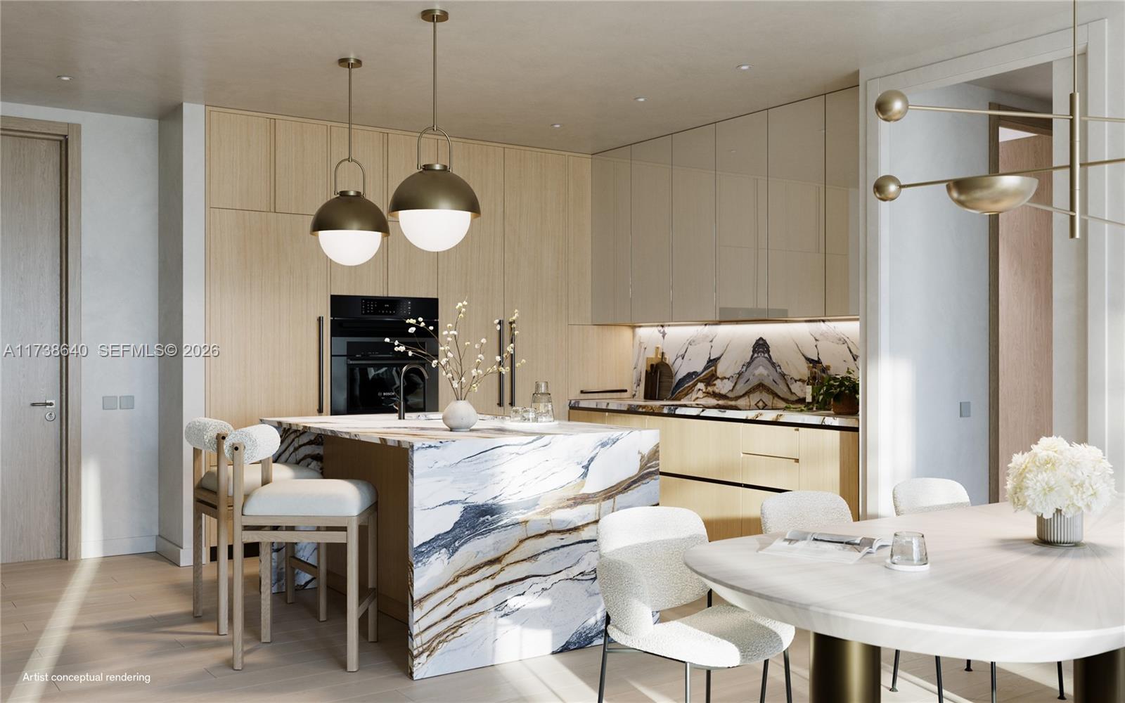This artist conceptual rendering shows a modern kitchen with a marble island and light wood cabinetry — 3724 S OCEAN DR # 405, Hollywood FL 33019, HOLLYWOOD, FL