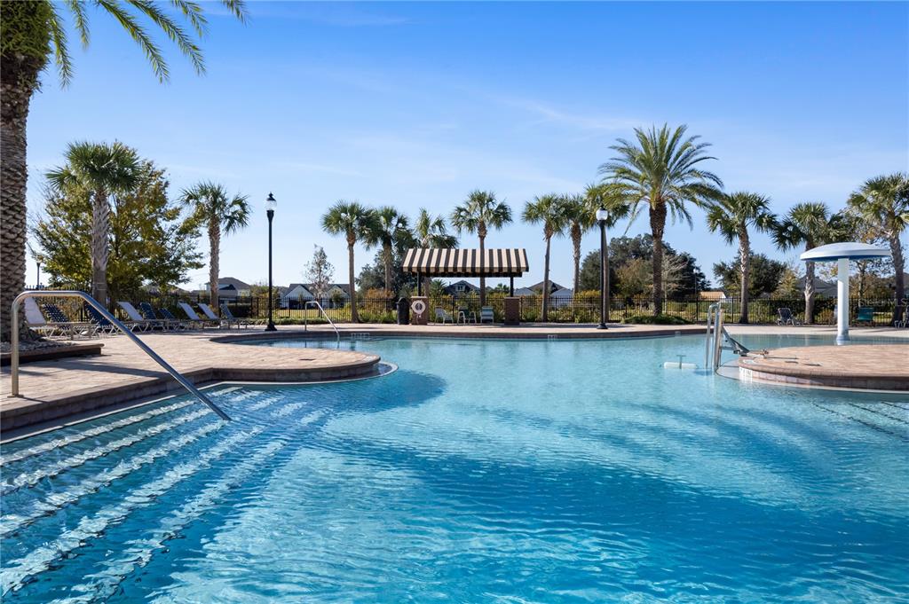 A swimming pool with steps, lounge chairs, palm trees, and a shaded cabana area — 11980 SW 31ST ROAD, GAINESVILLE, FL