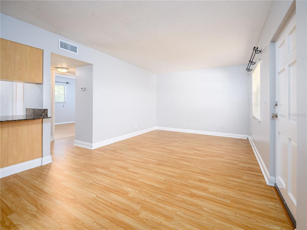 A living room with light wood-look flooring, light gray walls, and a white entry door — 120 S CHURCH AVENUE UNIT 209, TAMPA, FL