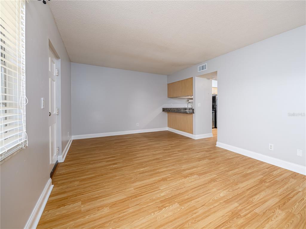 An empty room with light wood-look flooring, light gray walls, and a small kitchen pass-through — 120 S CHURCH AVENUE UNIT 209, TAMPA, FL