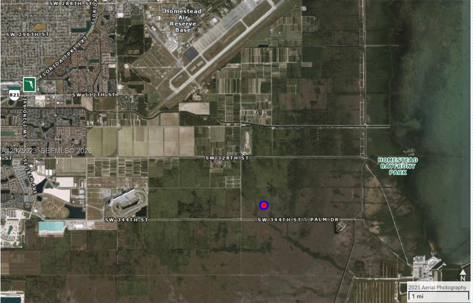 This is an aerial map showing land near Homestead Bayfront Park and the air reserve base — 334th St, Unincorporated Dade County FL 33035, UNINCORPORATED DADE COUNTY, FL